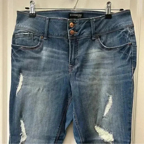 Evermore High Rise Distressed Ankle Crop Jeans Cuffed Stretch Denim Blue Size 30 - Picture 6 of 14